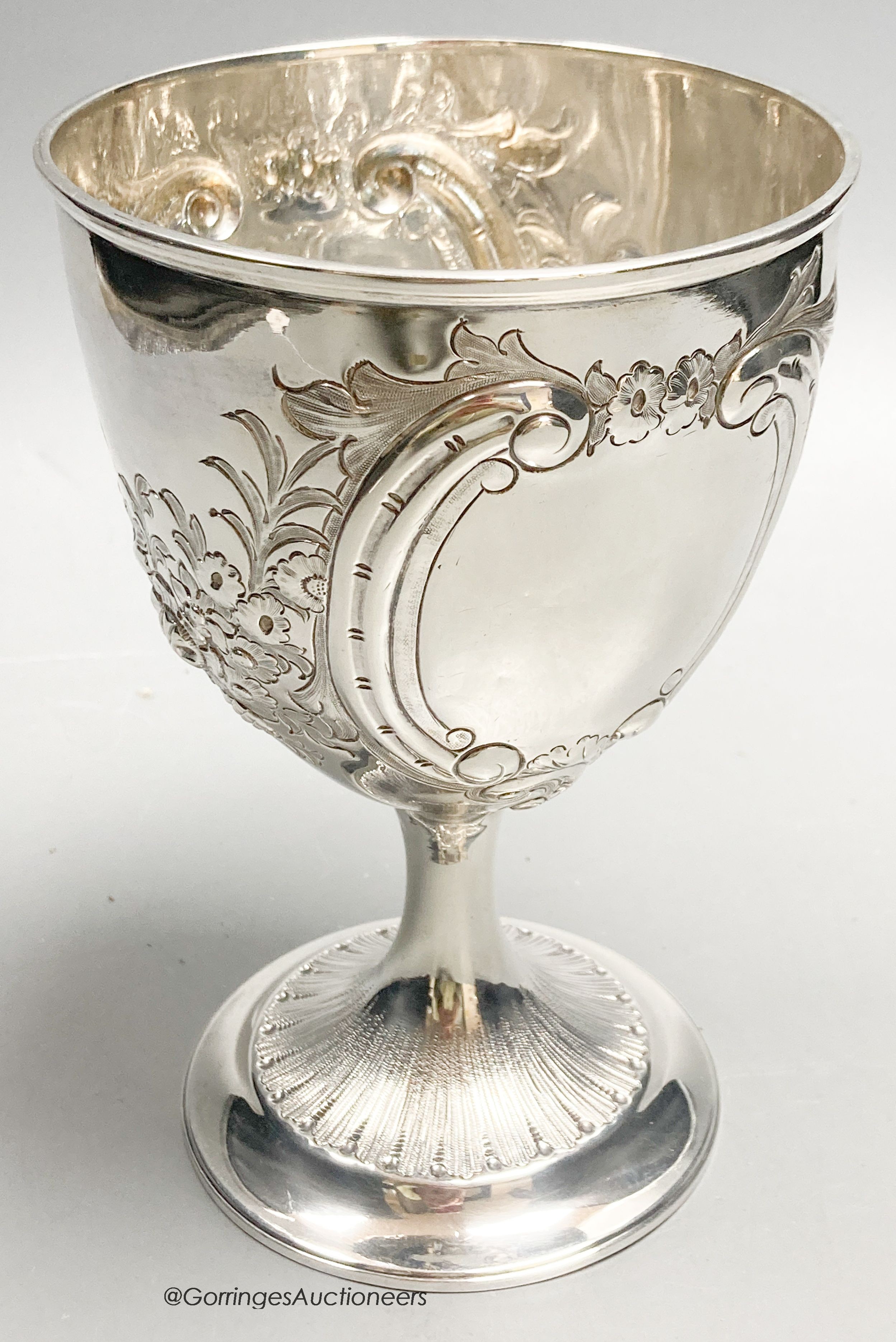 A Victorian embossed silver goblet, Samuel Keeley, Birmingham, 1861, height 16.9cm, 9oz.